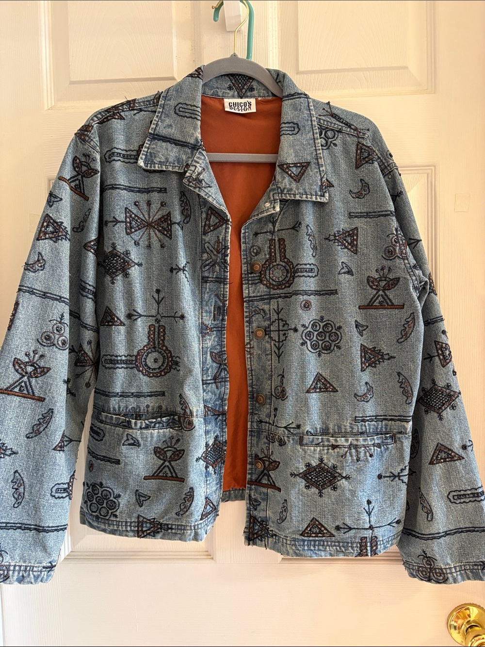 Chico's Light Blue Denim Jacket with Rust Interior